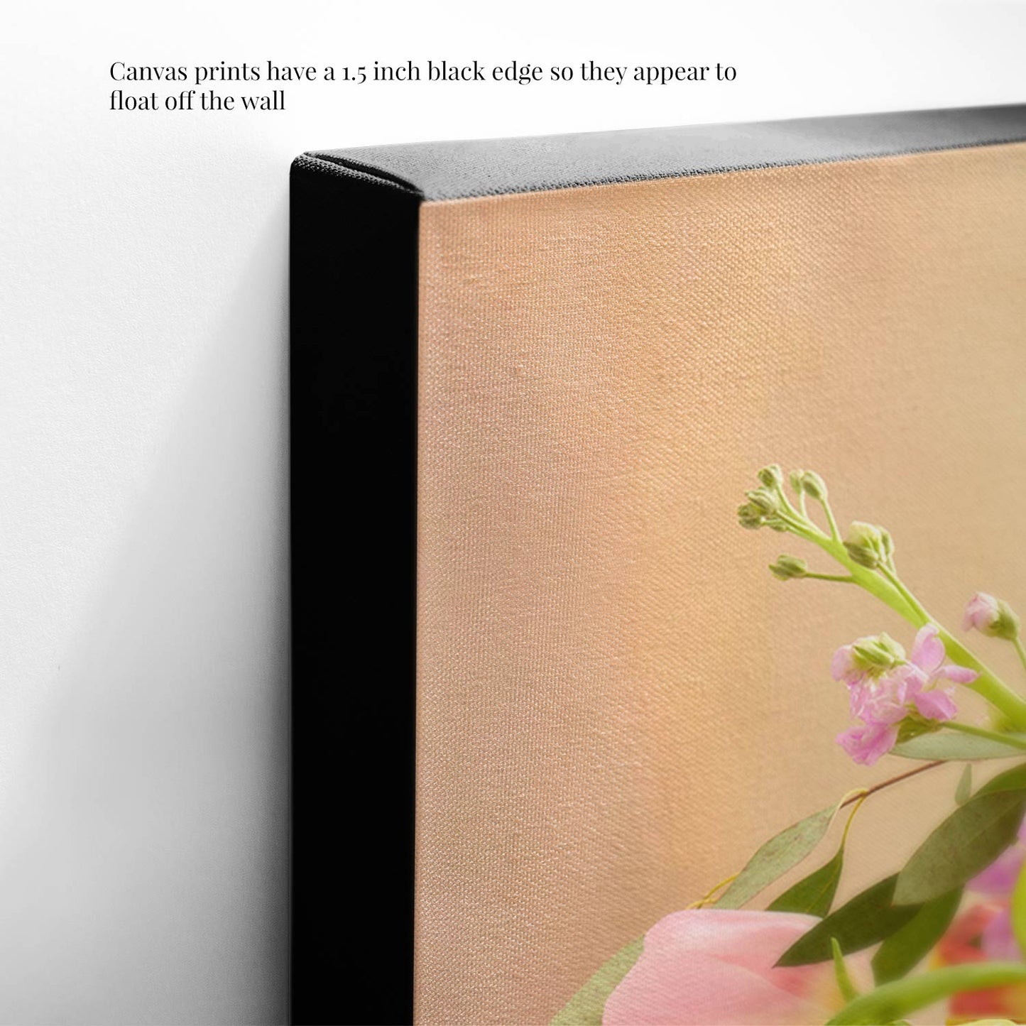 Close-up of the Tulip Cascade canvas wall art with a 1.5-inch black edge, emphasizing canvas texture and depth for a floating effect on the wall.