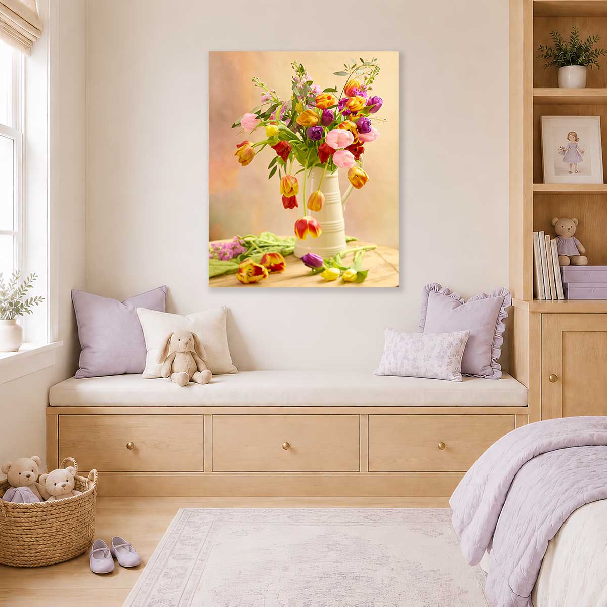 Tulip Cascade Wall Art Canvas wall art with colorful tulips in a cream vase pitcher composition