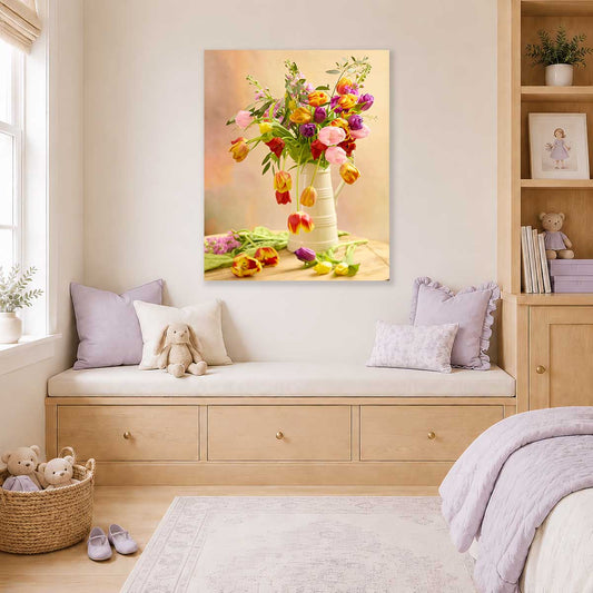 Tulip Cascade Wall Art Canvas wall art with colorful tulips in a cream vase pitcher composition