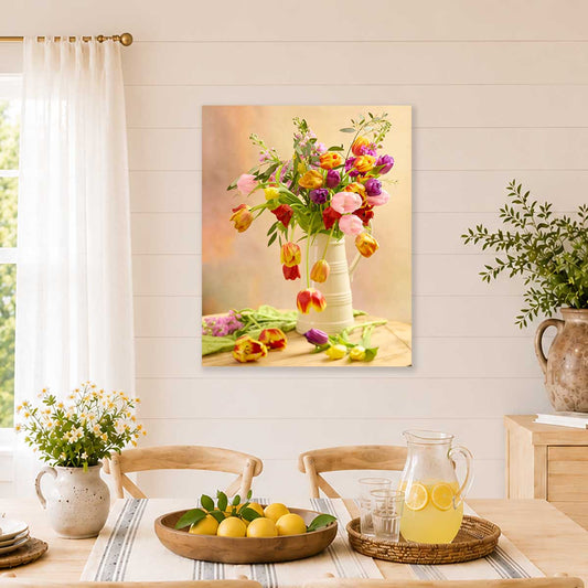 Tulip Cascade Wall Art Canvas with gold wall art accents, colorful tulips in a white vase