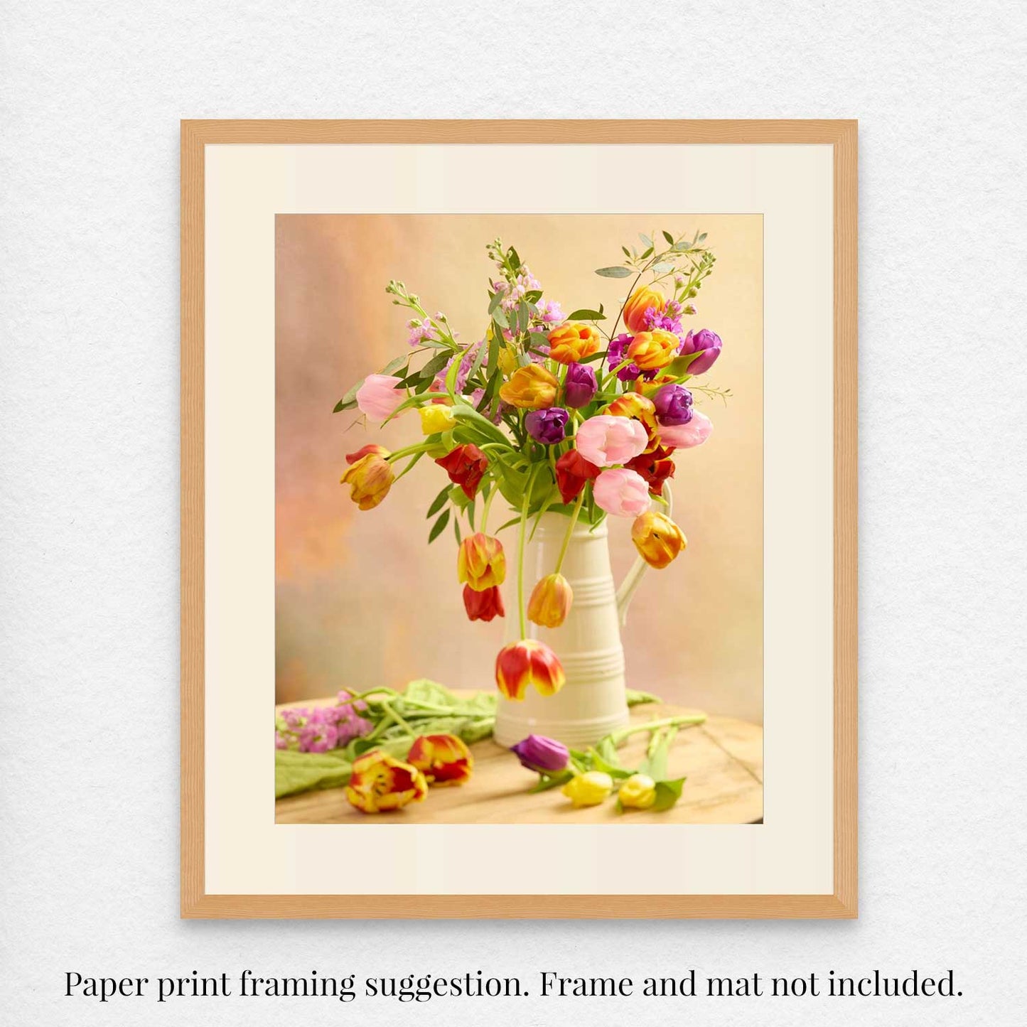 Showing a matted and framed example of the Tulip Cascade print with text saying frame and mat not included.