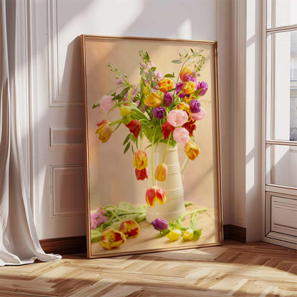 The Tulip Cascade canvas art framed, leans against a wall on a wooden floor. Sunlight filters through sheer curtains, creating soft shadows that highlight the tulips and enhance the rooms warm ambiance.