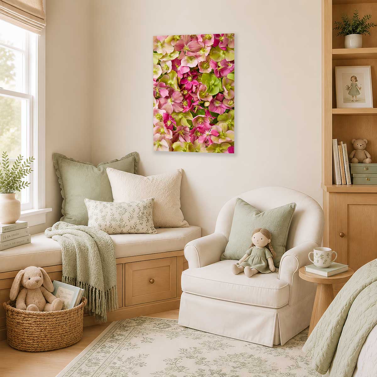Winter Roses Hellebore Wall Art Canvas in pink and green with floral petals on a living room wall