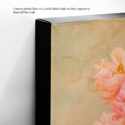 Close-up of Coral Radiance, canvas wall art, showcasing a pink flower like Coral Charm peonies. Canvas has a 1.5-inch black edge for a floating effect.