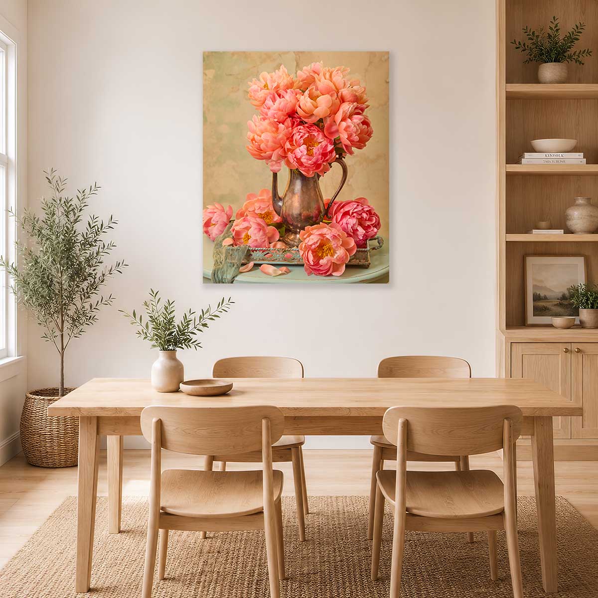 Coral Radiance Peony Wall Art Canvas with coral peonies in a vintage pitcher, vertical display