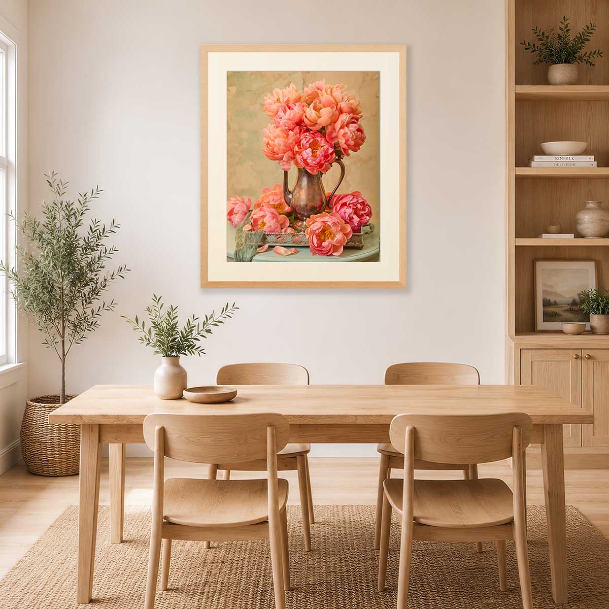 Coral Radiance Peony Wall Art Print with coral peonies in a vintage pitcher arrangement, wall art
