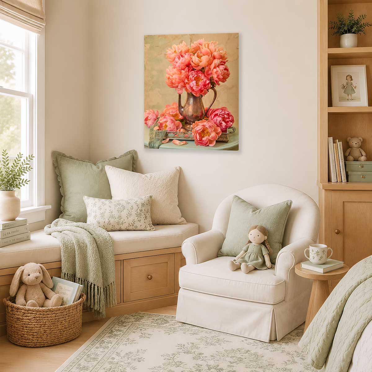 Coral Radiance Peony Wall Art Canvas with coral pink peonies in a vintage pitcher on a living room wall