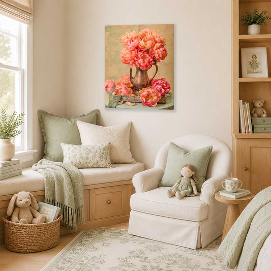 Coral Radiance Peony Wall Art Canvas with coral pink peonies in a vintage pitcher on a living room wall