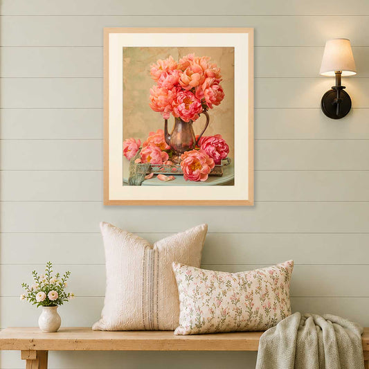 Coral Radiance Peony Wall Art Print in soft coral pink with framed floral bouquet and wall decor