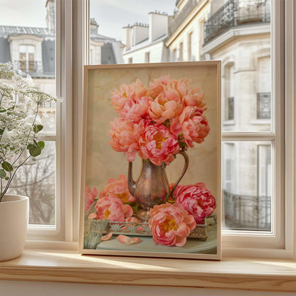 A windowsill showing a framed canvas of the Coral Charm image. A partially visible potted plant with white flowers stands to the left, with Parisian rooftops visible outside.