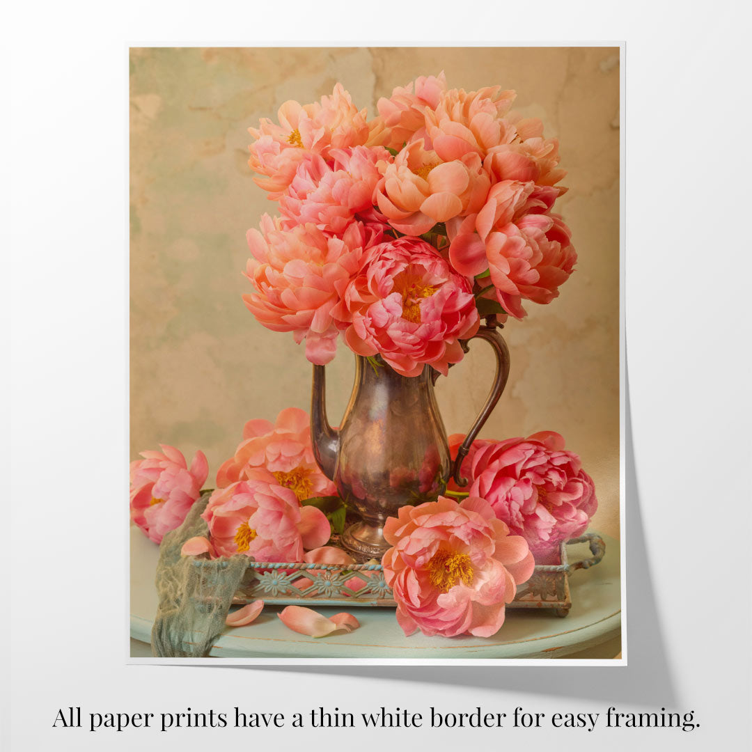 Coral Radiance Peony Wall Art Print with pink peonies in a copper vase on a soft beige background