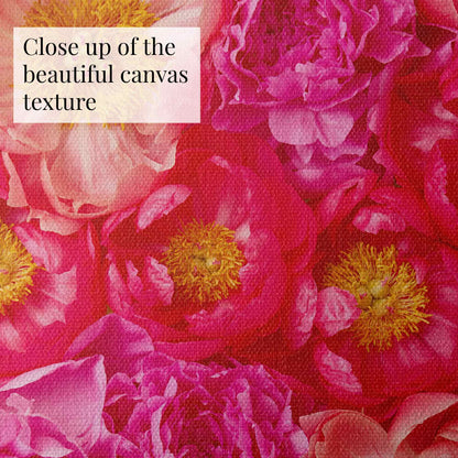 A close-up of The Peony Bed - Radiant Dreams.The textured canvas surface creates a rich texture, with a text overlay: Close up of the beautiful canvas texture, perfect for art enthusiasts.