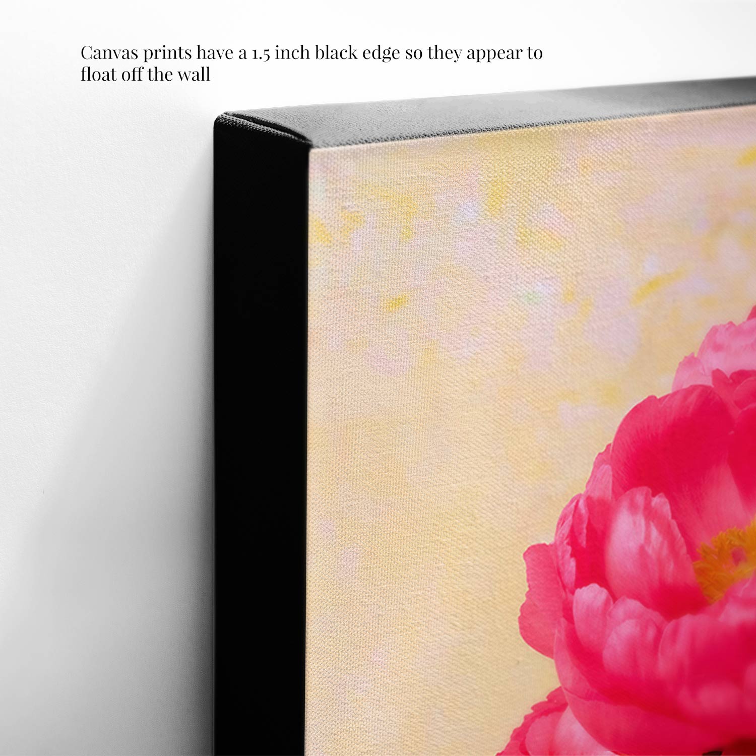 The Love Story Blooming canvas wall art features coral-pink peonies on a soft yellow background. The 1.5-inch black edge gives it a floating effect, enhancing its elegance.