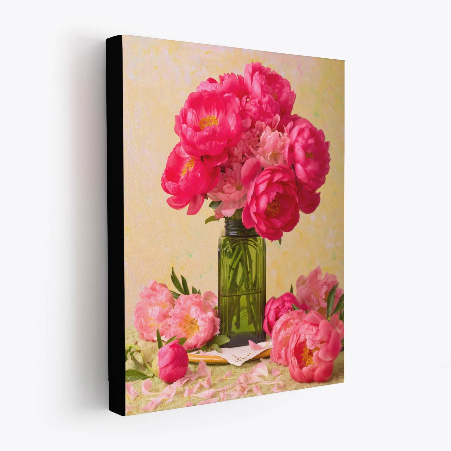 Side view of the Love Story Blooming
canvas wall art. The canvas has a 1.5-inch black edge, producing a floating effect from the wall.