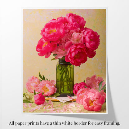 The paper print of Love Story Blooming features a green glass vase with coral-pink peonies, some scattered on the surface, set against a soft yellow background. Text at the bottom says all prints have a thin white border for easy framing.