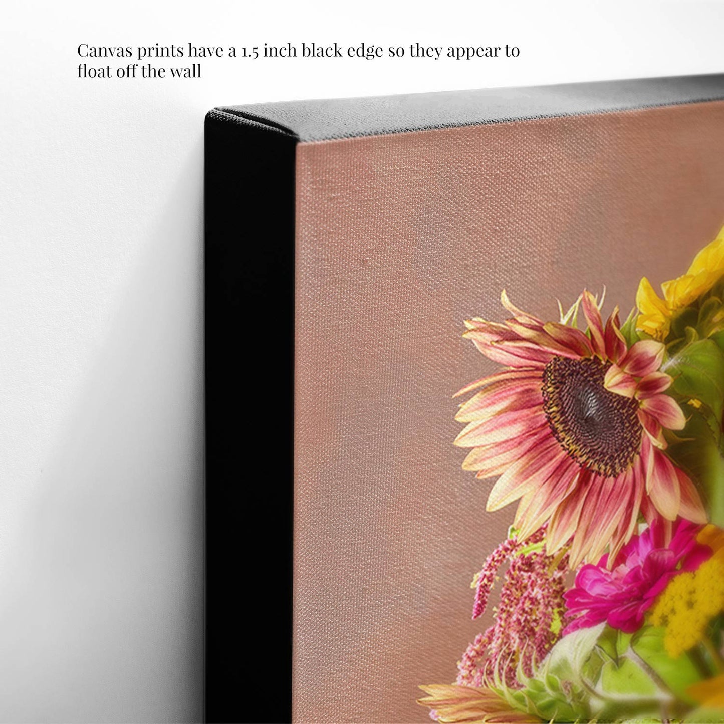 Close-up of the Golden Fiesta canvas wall art, showcasing vibrant flowers and a distinct 1.5-inch black edge, creating a floating effect on the wall.