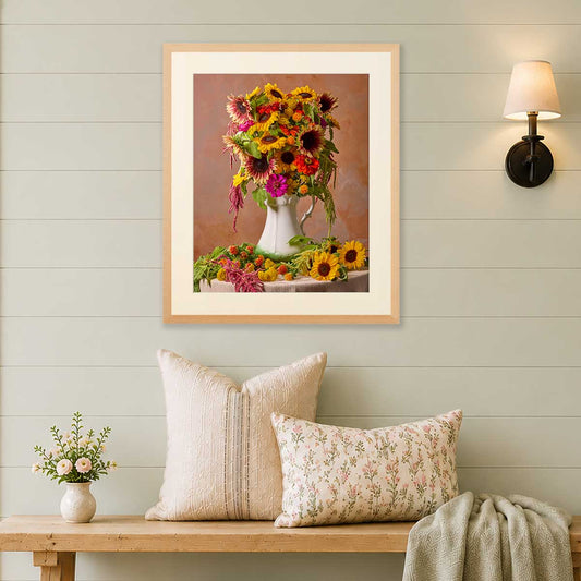 Golden Fiesta sunflower wall art print with bright yellow blooms in a white vase on warm peach background