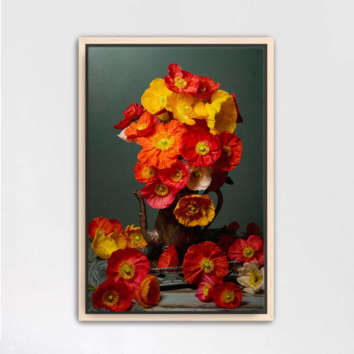 A framed painting depicting a vase filled with vibrant red and orange flowers against a dark green background.