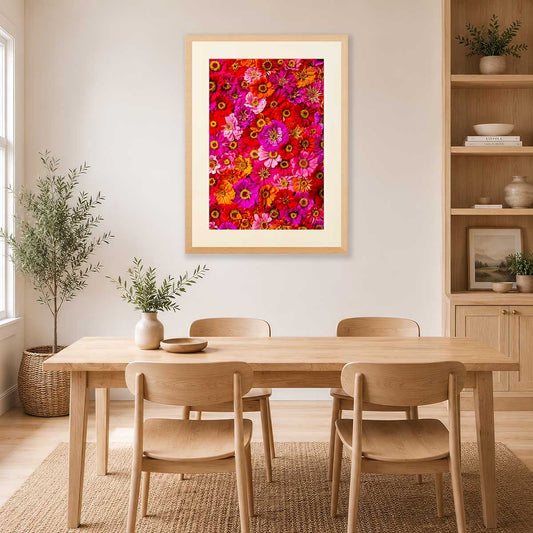 Zinnias Electric Radiance Wall Art Print wall art with vivid pink and orange zinnias in a gold frame