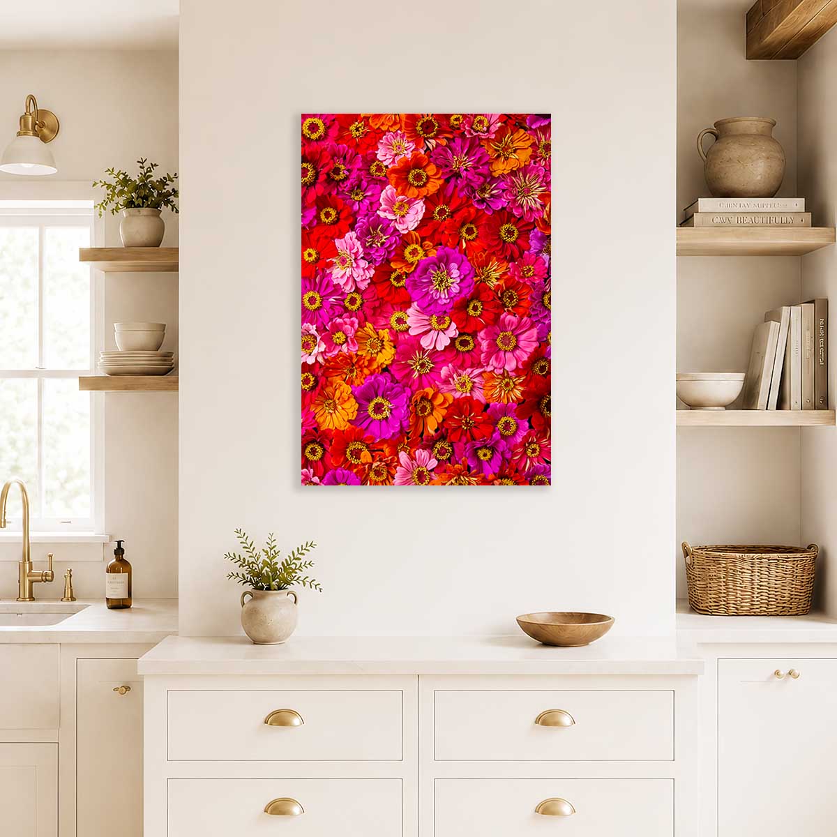 Zinnias Electric Radiance Wall Art Canvas wall art with bright pink orange zinnias on an unframed canvas