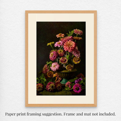 Framing suggestion for Petals In Flight: A vibrant image of pink and orange zinnias in a birdcage against a dark background. Frame and mat not included.