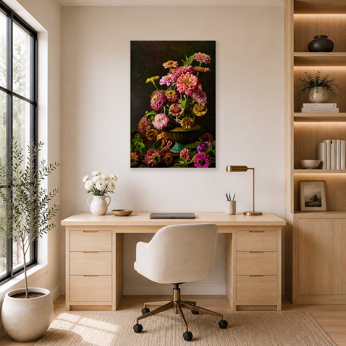Petals In Flight wall art fine art canvas with birdcage motif, featuring pink zinnias in a dark green vase