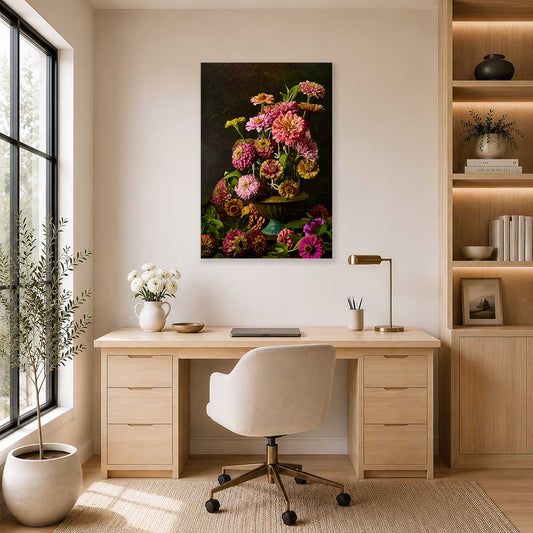 Petals In Flight wall art fine art canvas with birdcage motif, featuring pink zinnias in a dark green vase