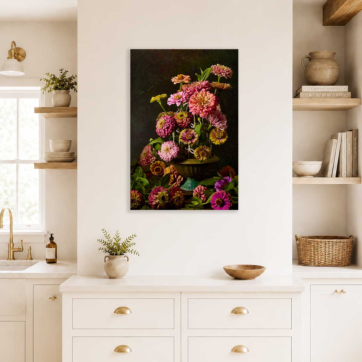 Petals In Flight Zinnia Fine Art Canvas wall art with pink and yellow zinnias in a dark garden scene