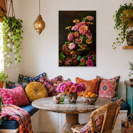 Petals In Flight Zinnia Fine Art Canvas wall art with pink zinnias around a birdcage in a dark garden scene