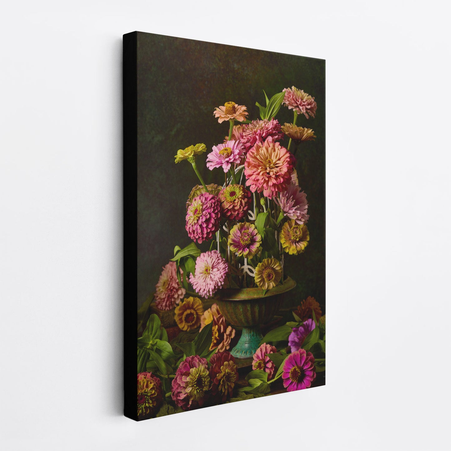 Side view of the Petals In Flight canvas wall art. The canvas has a 1.5-inch black edge, producing a floating effect from the wall.