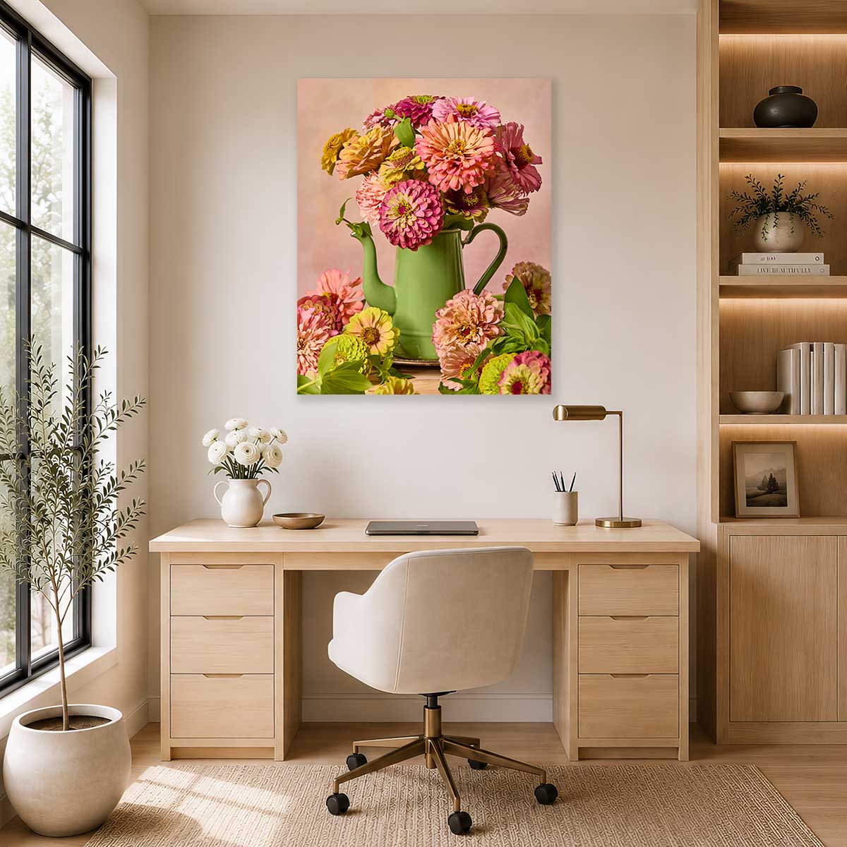 Steeping Beauty Zinnia Wall Art Canvas with gold wall art flowers in a green vase on blush background
