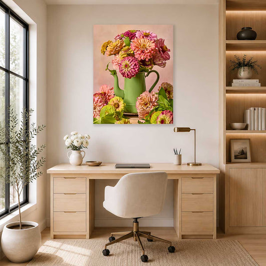 Steeping Beauty Zinnia Wall Art Canvas with gold wall art flowers in a green vase on blush background