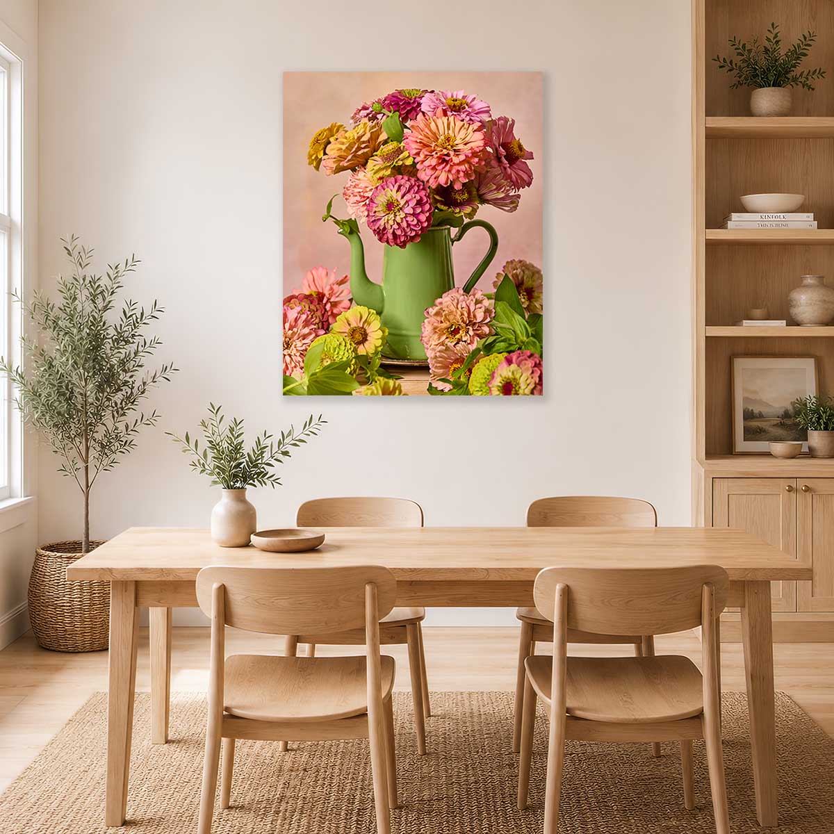 Steeping Beauty Zinnia Wall Art Canvas with pink and green zinnias in a vase, wall decor