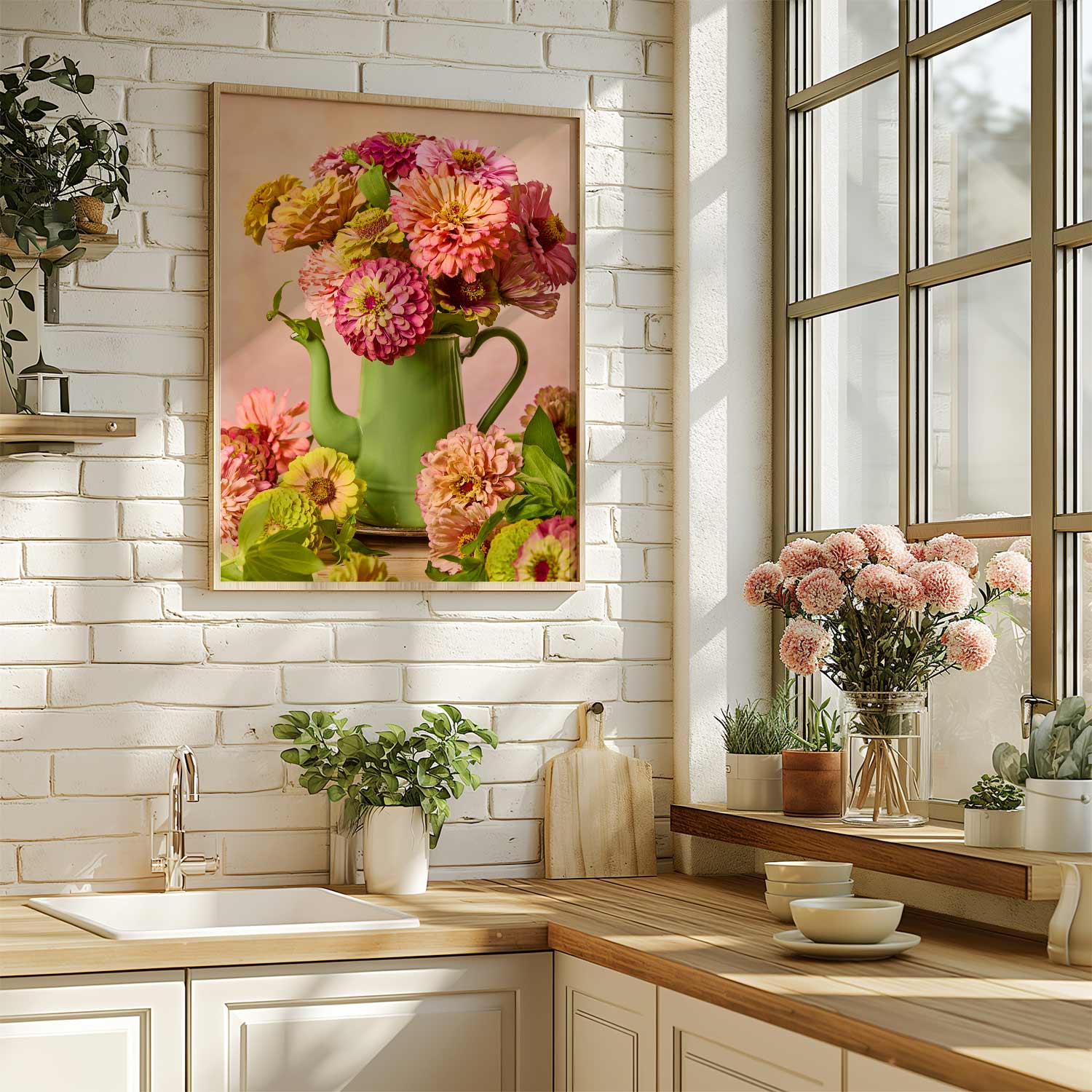 A sunny kitchen with white brick walls, wooden counter, and tall windows. The Steeping Beauty vintage green teapot vase with colorful flowers hangs as art above a sink surrounded by potted plants and pink blooms, flooding the space with natural light.