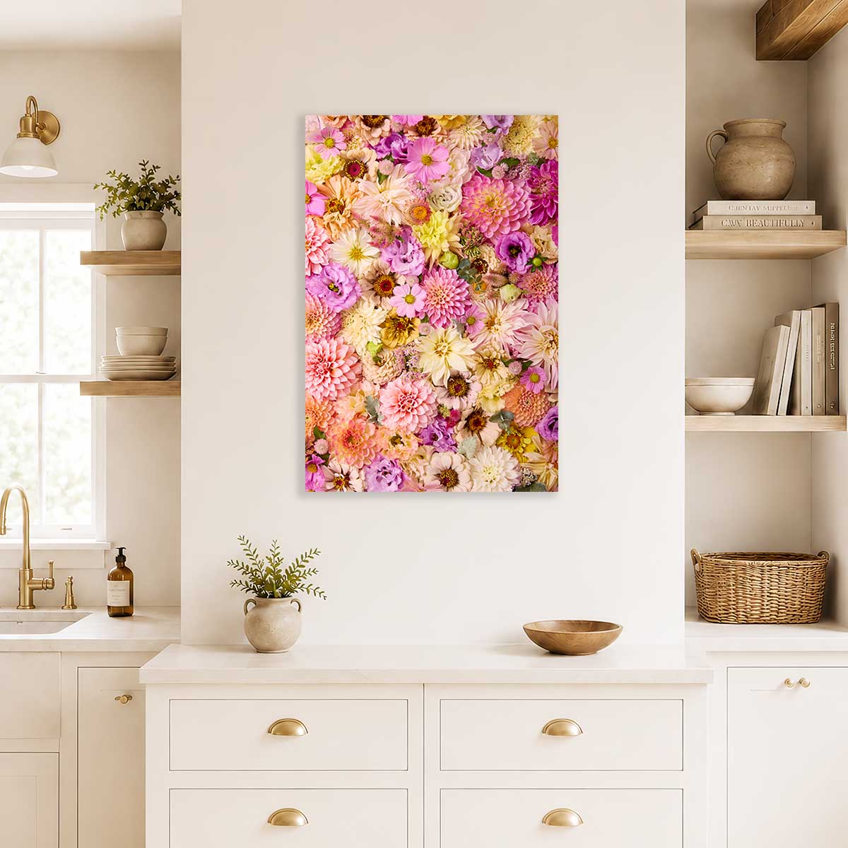 Summer's Romance Wall Art Canvas with pink and purple dahlias in a bright vertical floral display