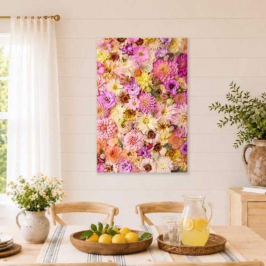 Summer's Romance Wall Art Canvas with colorful pink and purple flower-bed blooms on a living room wall