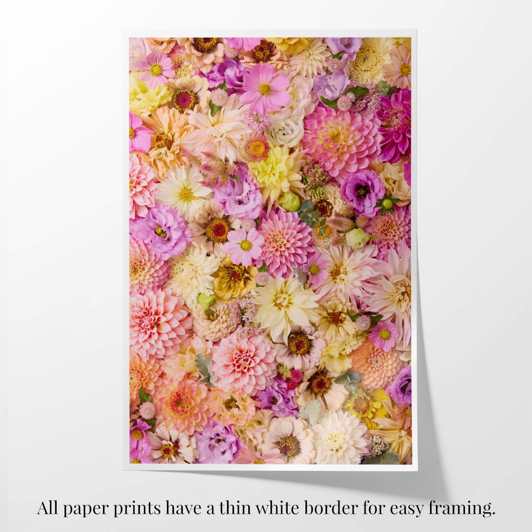 A vibrant floral tapestry of pink, purple, and yellow flowers fills the rectangular print titled Christinas Wedding, surrounded by a thin white border. Below it reads, All paper prints have a thin white border for easy framing.