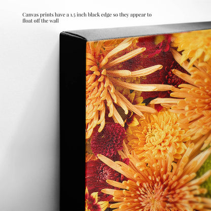 Chrysanthemum Bed - Autumns Embrace as canvas wall art featuring vibrant yellow orange and red chrysanthemums with a 1.5-inch black edge. This striking border creates a floating effect on a white wall, enhancing its visual appeal.