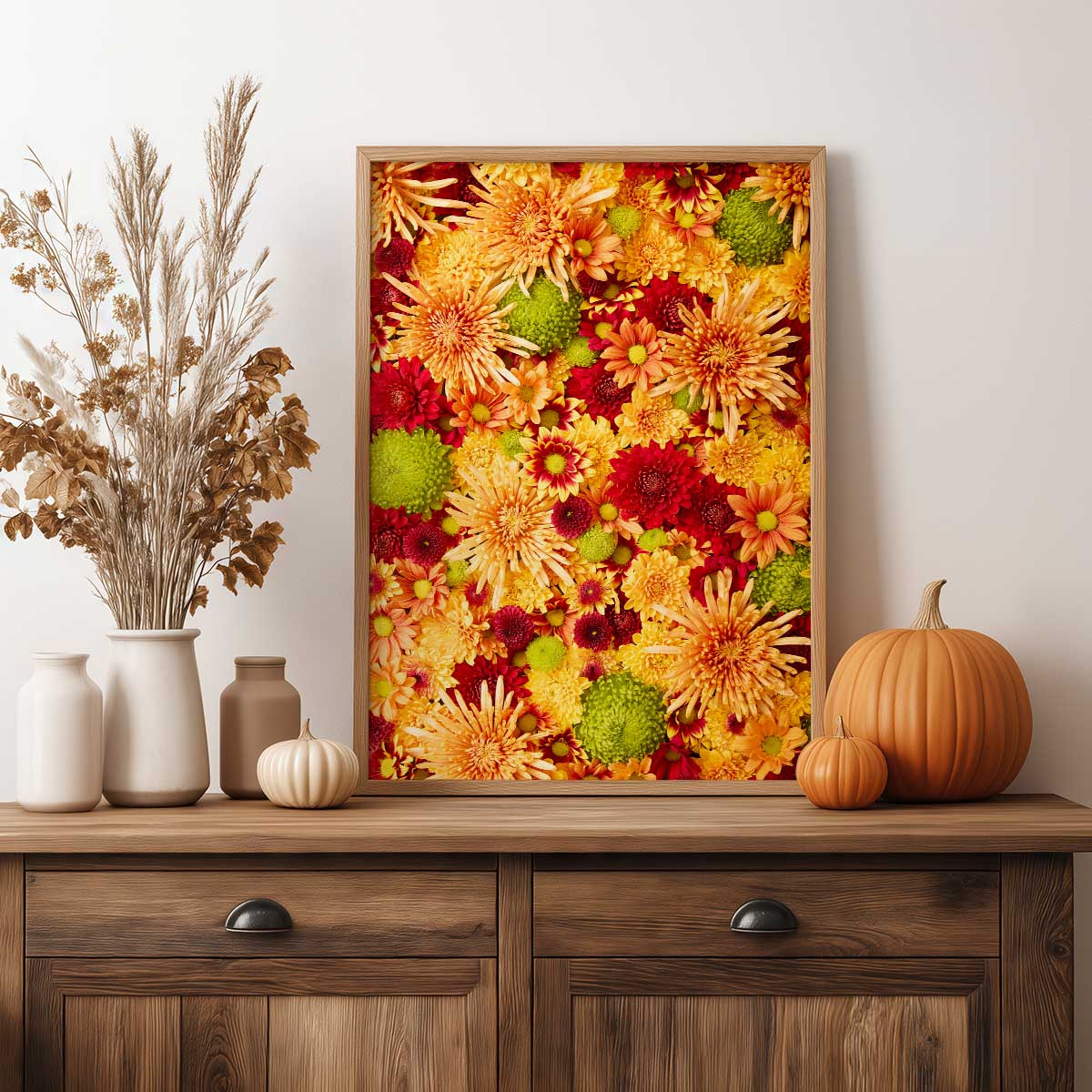 Autumn's Embrace Chrysanthemum wall art canvas with gold and green framed border, autumn flower bed blooms