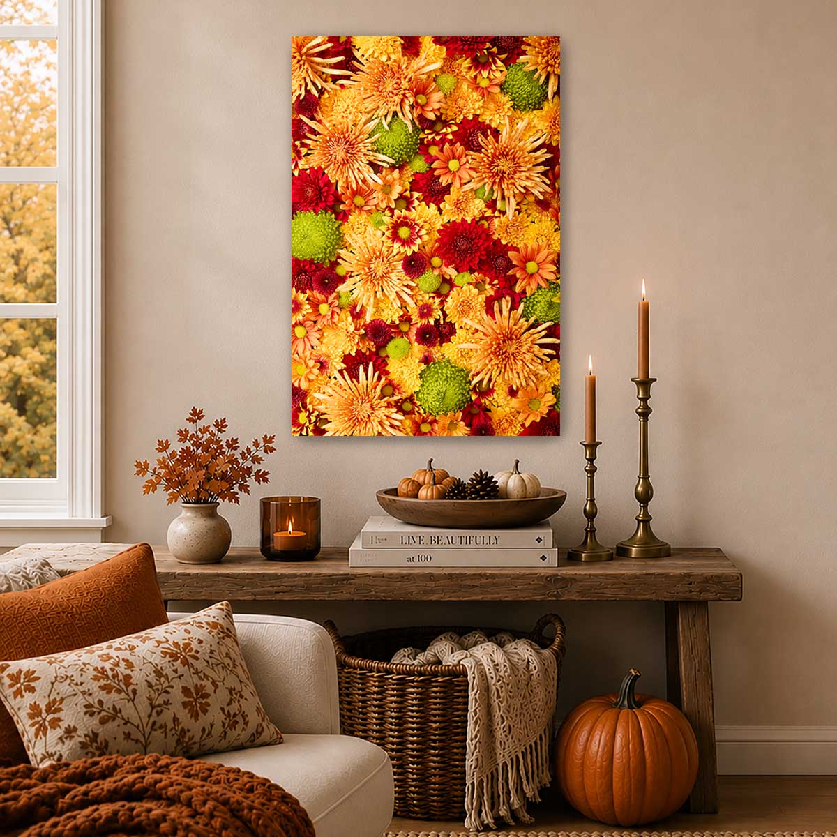 Autumn's Embrace Chrysanthemum wall art canvas with gold and green floral blooms in warm autumn light