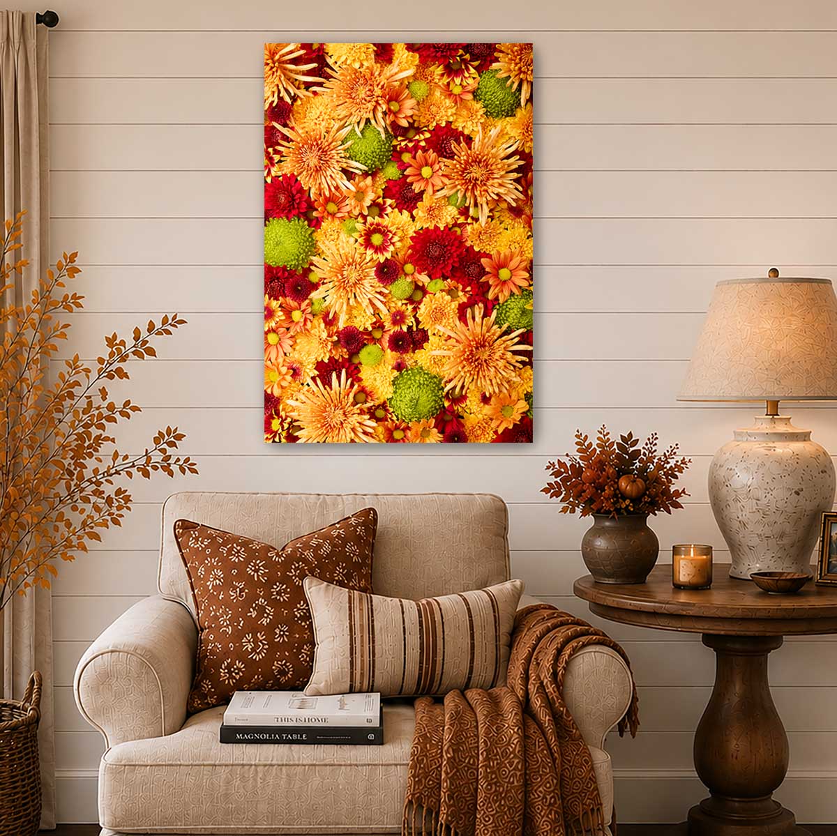Autumn's Embrace Chrysanthemum Wall Art Canvas with colorful chrysanthemum flowers in gold and green