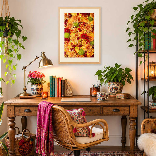 Autumn's Embrace Chrysanthemum Wall Art Print with gold and green flower-bed design for overhead flatlay