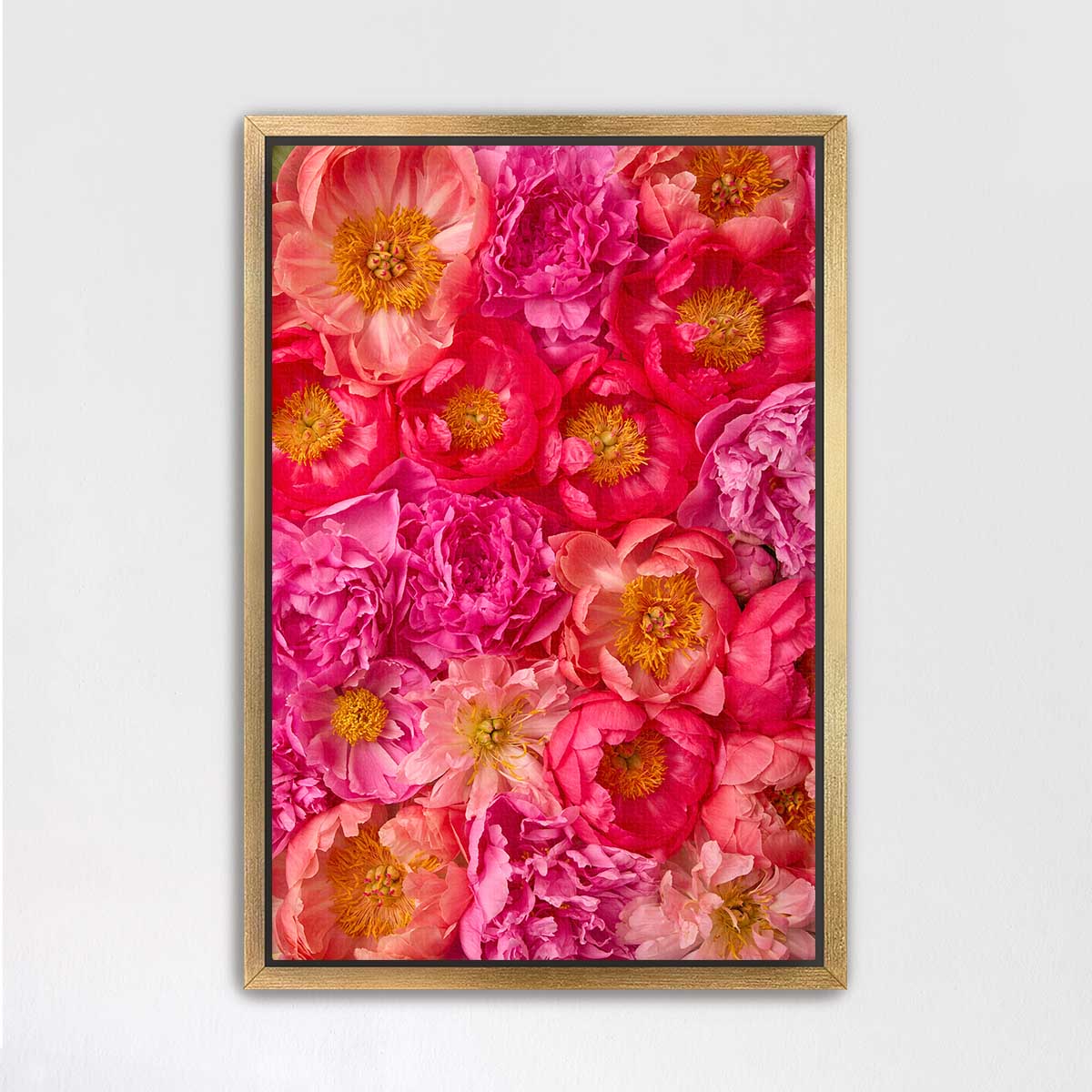 The image is a vibrant and colorful collage of various pink and orange flowers, including peonies, roses, and other blooms, arranged in a visually appealing manner.