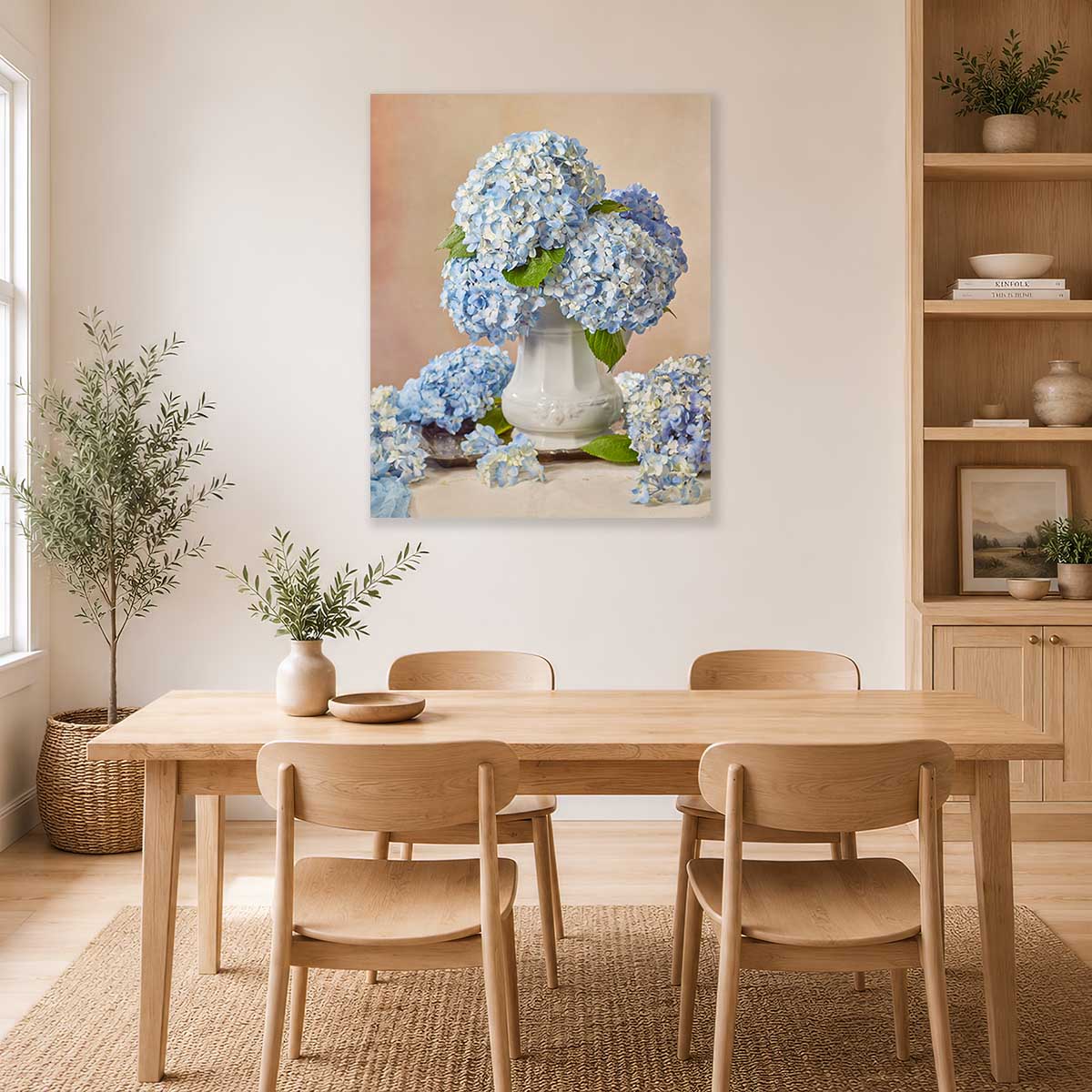 Dreaming of Something Blue hydrangea wall art canvas print with blue flowers in a white pitcher