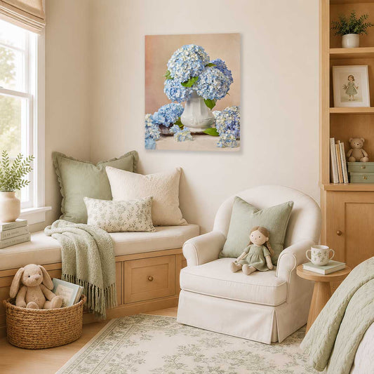 Dreaming of Something Blue Hydrangea wall art canvas print with blue hydrangeas in a white vase