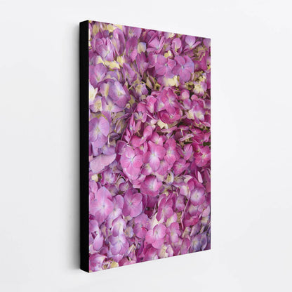 Side view of the Hydrangea Bed - Purple Radiance canvas wall art mounted on a wall showing the 1.5 inch black edge making it appear as if it's floating off the wall.