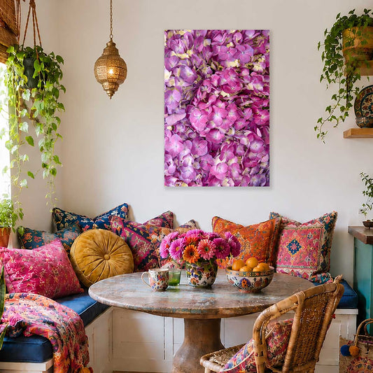 Purple Radiance Hydrangea Wall Art Canvas with gold earrings style floral detail in vivid purple and pink