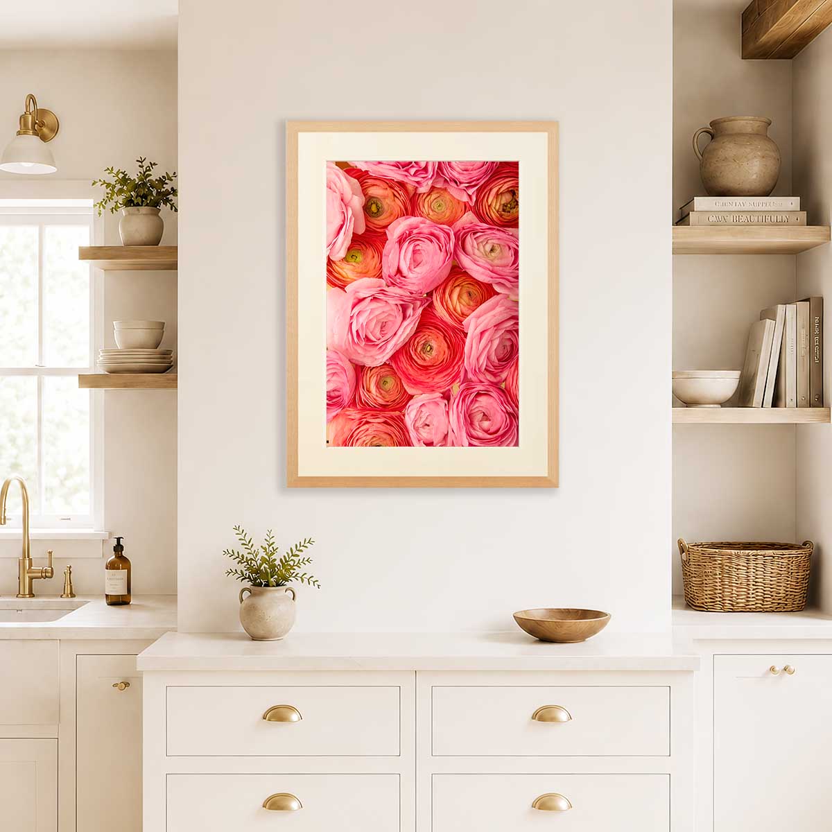 Layers of Love Ranunculus Wall Art Print in coral and pink with fine art paper print for vertical display