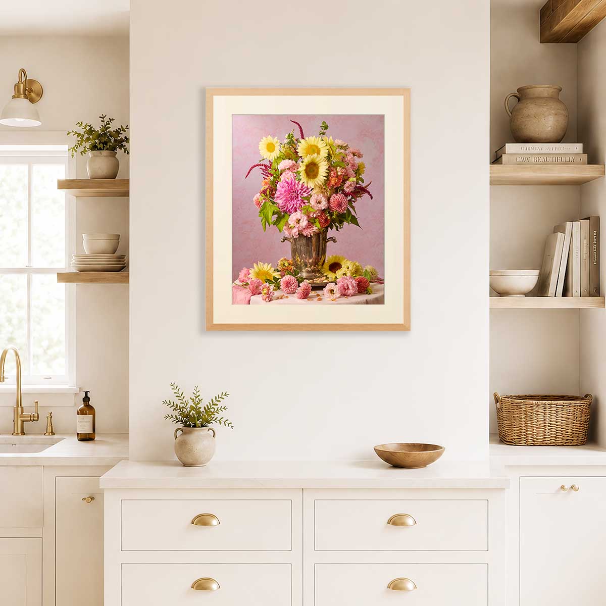 Summer's Grace Dahlia Wall Art Print with soft pink and yellow flowers on fine art paper texture