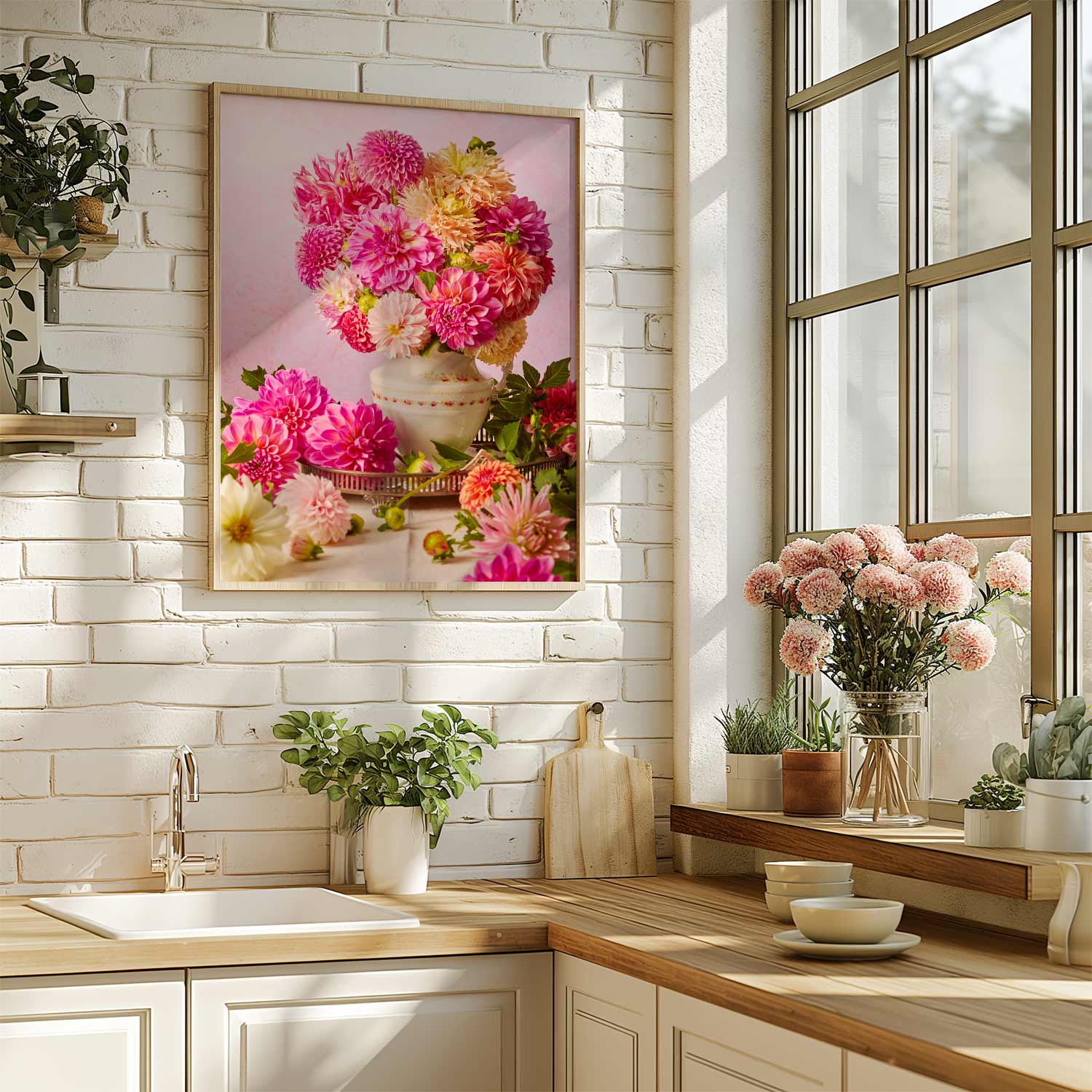 A sunlit kitchen displays Summer Afternoon, a framed canvas, on the brick wall. Below, potted plants and a cutting board sit on the wooden counter by the sink. Natural light pours through the window, illuminating pink flowers arranged in a vintage glass pitcher.